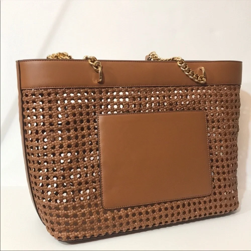 Michael Kors Large woven braided leather tote shoulder bag chain straps